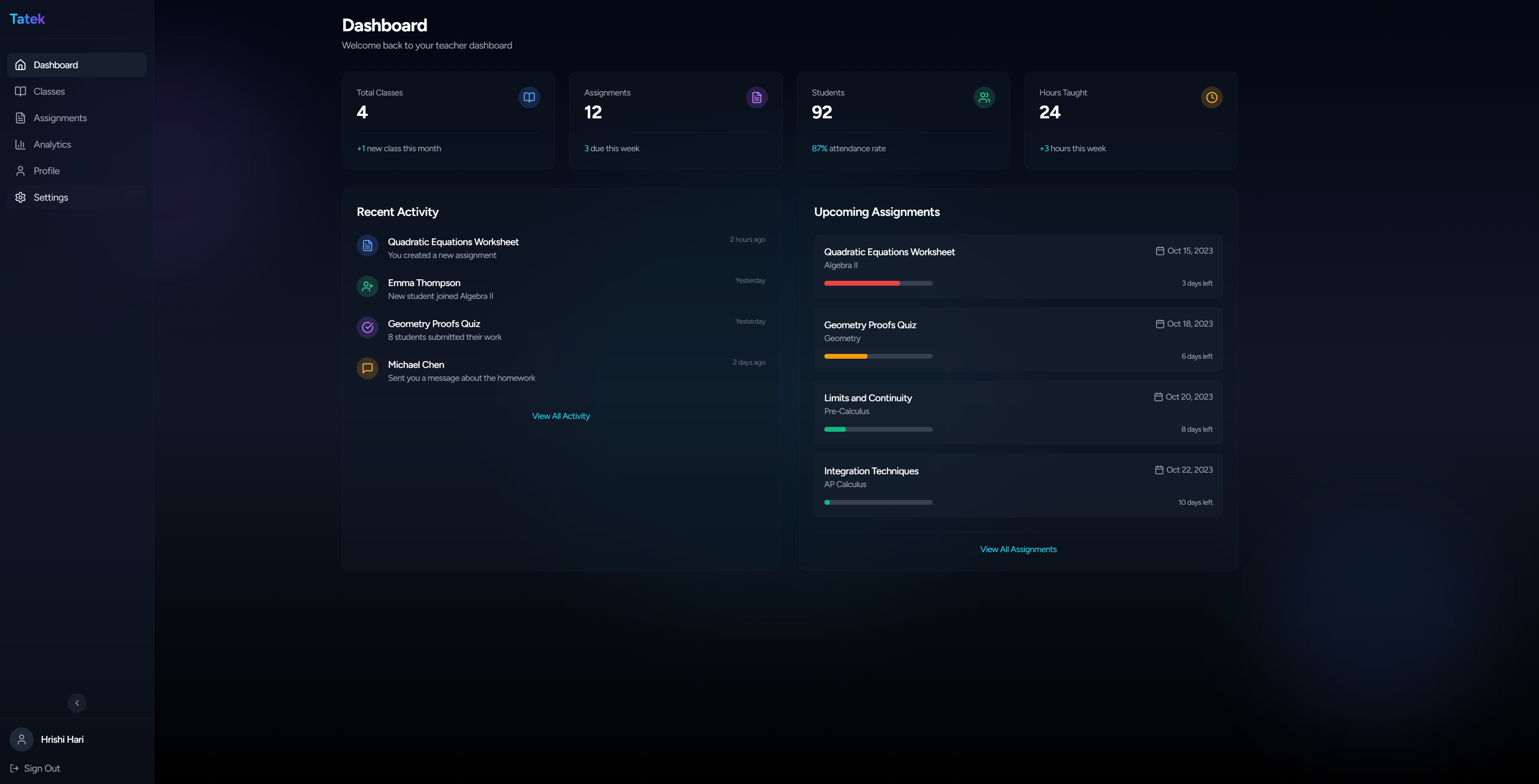 Tatek Dashboard showing a classroom environment